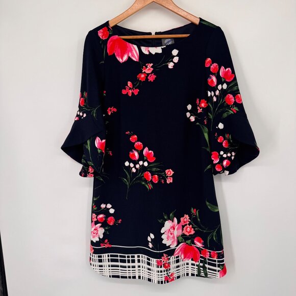 Vince Camuto Navy Floral Bell Sleeve Shift Dress Size 8  Womens knit - Picture 5 of 13